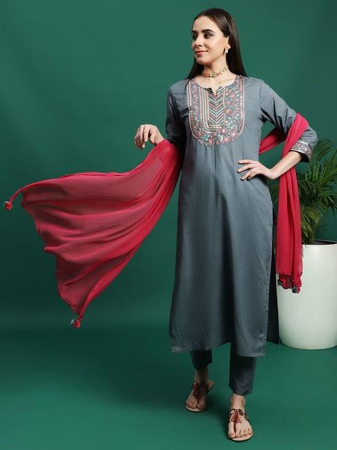 ramas dark grey embroidered kurta with pant & dupatta