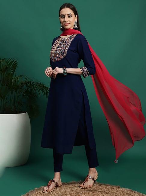 ramas navy embroidered kurta with pant & dupatta