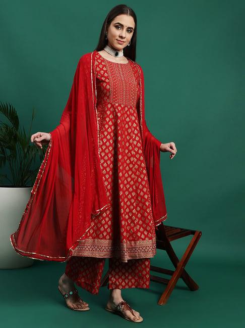 ramas red embroidered kurta with palazzo & dupatta