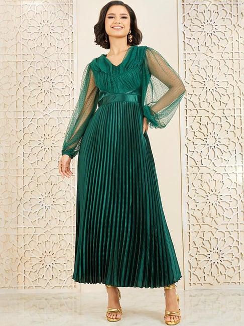 styli green pleated maxi dress