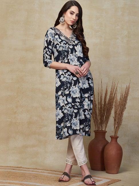 fashor blue printed straight kurta