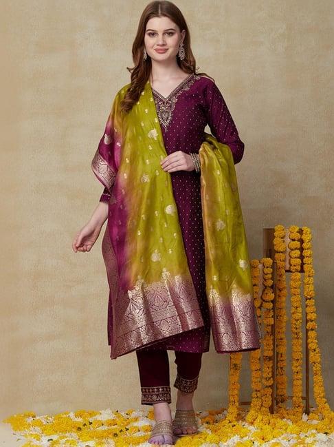 fashor purple embroidered straight kurta with dupatta