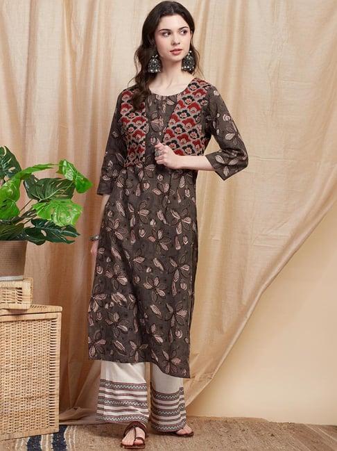 fashor grey cotton printed straight kurta with jacket