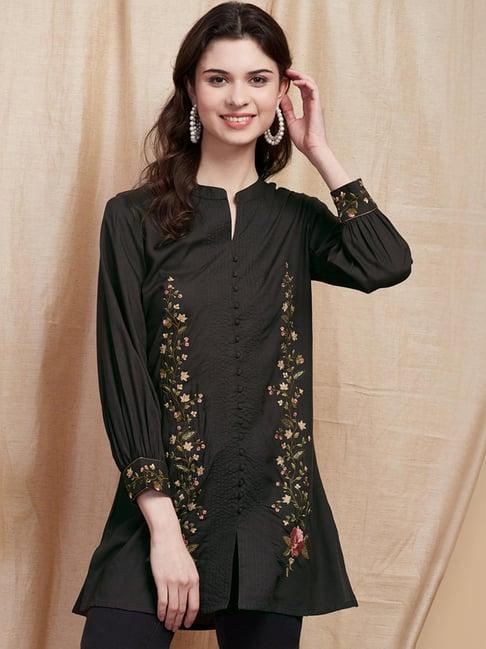 fashor black embroidered a line short kurti