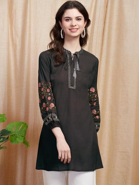 fashor black embroidered a line short kurti