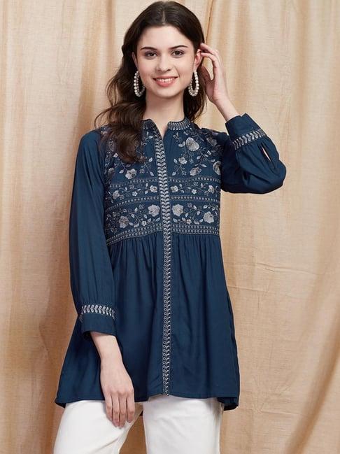 fashor blue embroidered a line short kurti