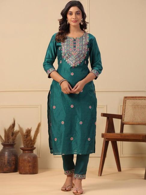 fashor green embroidered kurta pant set