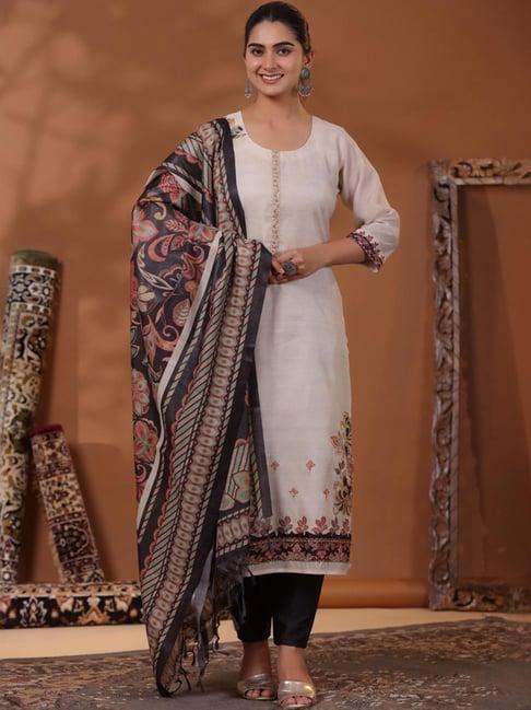 fashor cream & black printed kurta pant set with dupatta