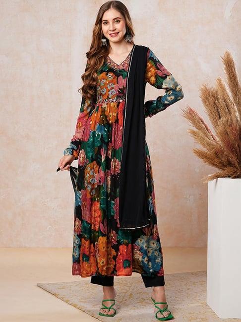 fashor black printed kurta pant set with dupatta