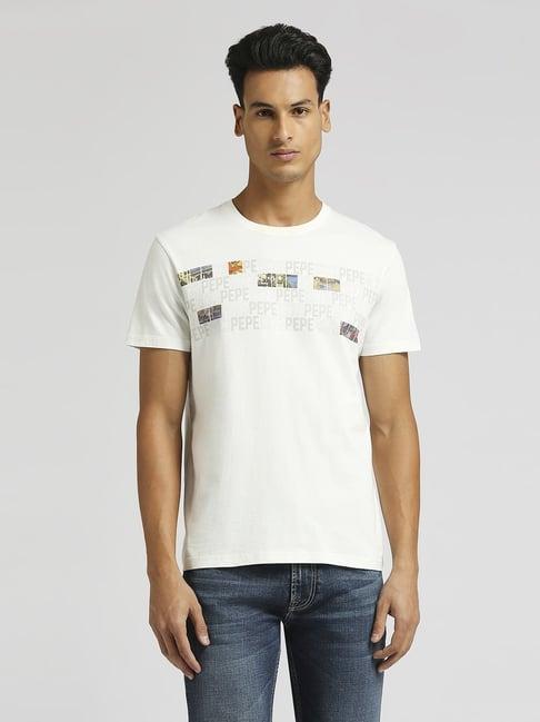 pepe jeans chalk white cotton slim fit printed t-shirt