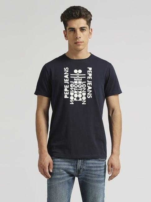 pepe jeans navy cotton slim fit printed t-shirt