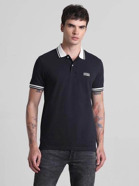 jack & jones jet black cotton slim fit polo t-shirt