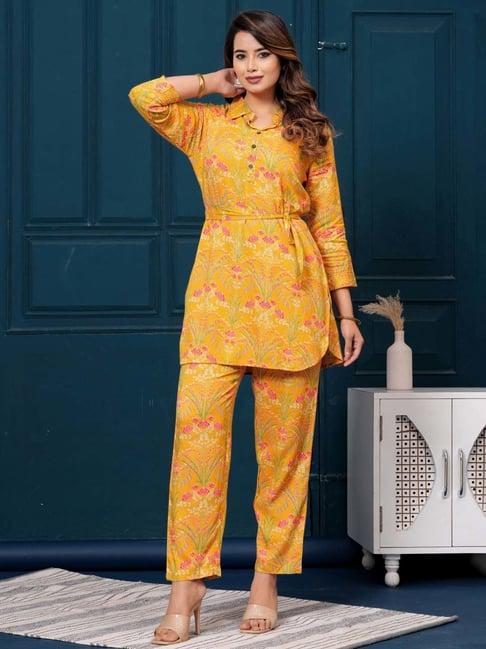 indo era mustard printed tunic and pant set