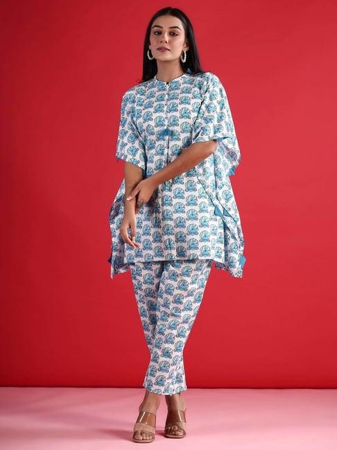 indo era white & blue cotton printed kaftan and pant set