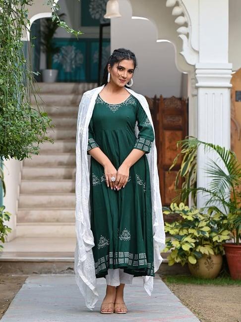 indi inside dark green block print kurta with pant & dupatta