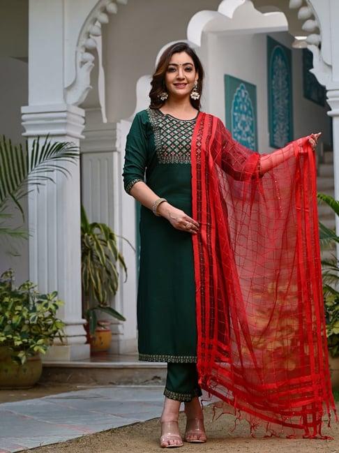 indi inside dark green embroidered kurta with pant & dupatta