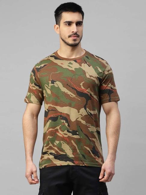 royal enfield brown regular fit camo print crew t-shirt