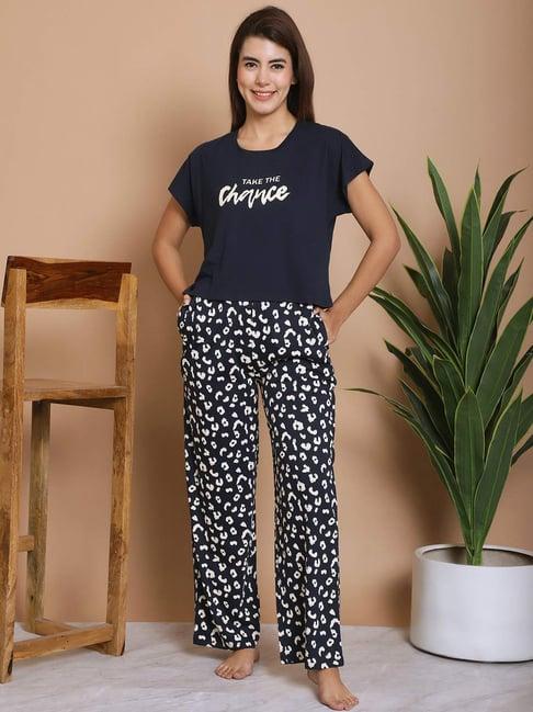 kanvin navy cotton printed top pyjamas set