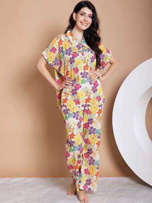 kanvin white & yellow cotton printed shirt pyjamas set