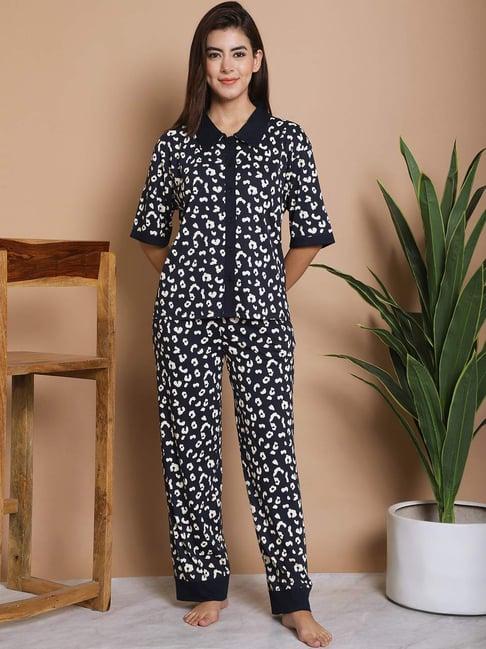 kanvin navy cotton printed shirt pyjamas set