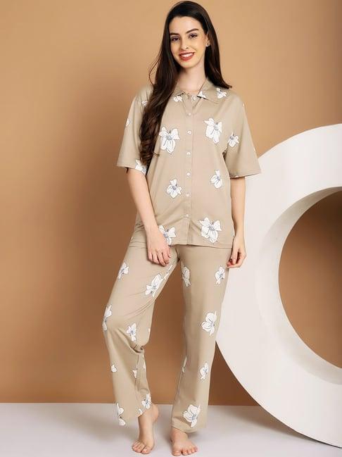 kanvin beige cotton printed shirt pyjamas set