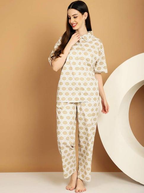 kanvin beige cotton printed shirt pyjamas set