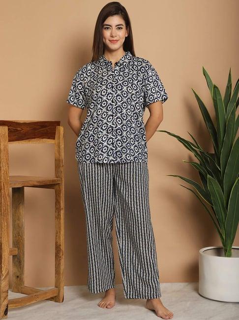 kanvin navy cotton printed shirt pyjamas set