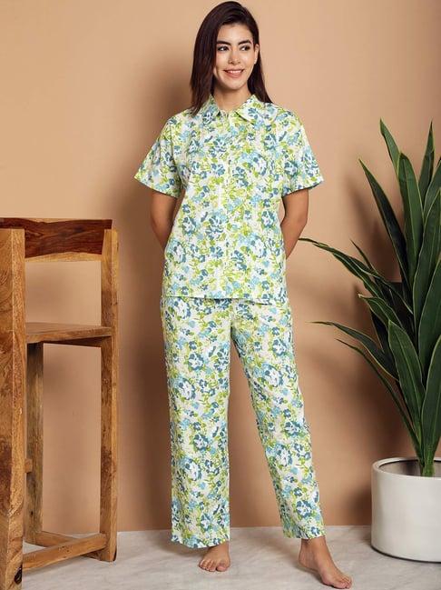 kanvin green cotton printed shirt pyjamas set