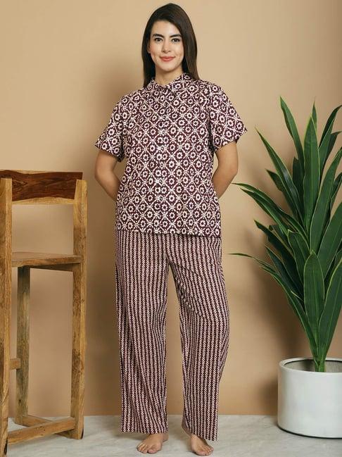 kanvin maroon cotton printed shirt pyjamas set