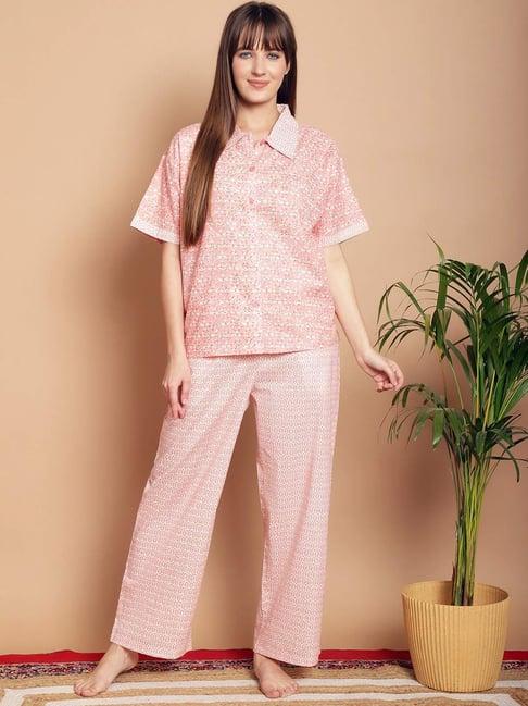 kanvin peach cotton printed shirt pyjamas set