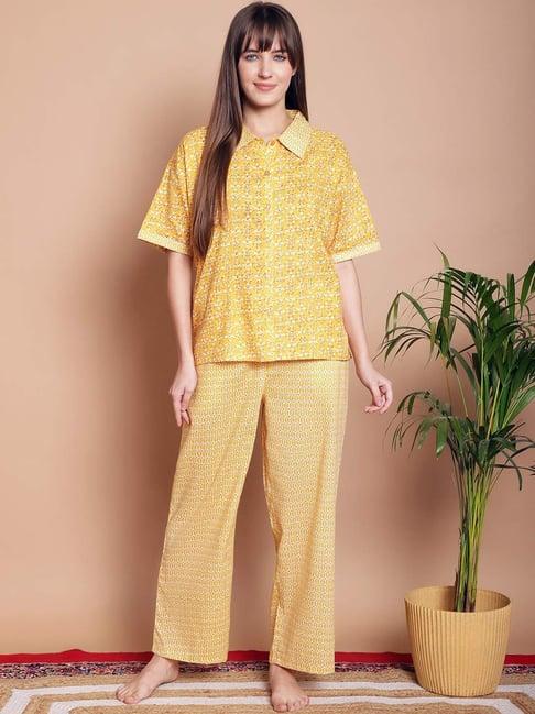 kanvin yellow cotton printed shirt pyjamas set