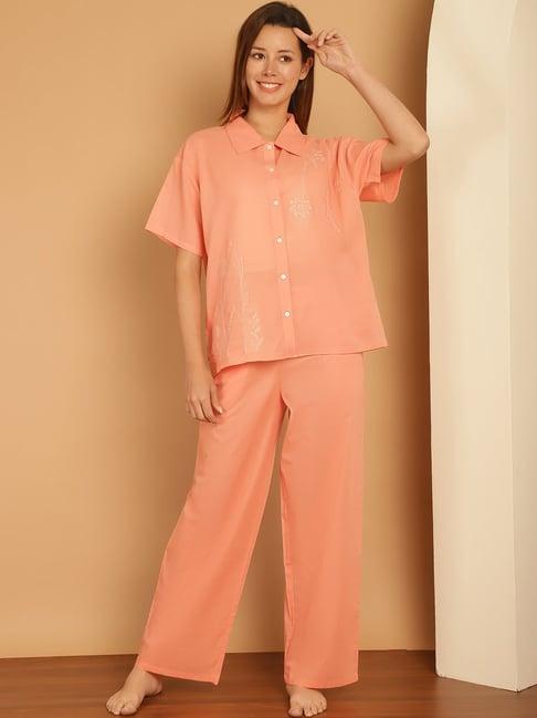 kanvin orange cotton embroidered shirt pyjamas set