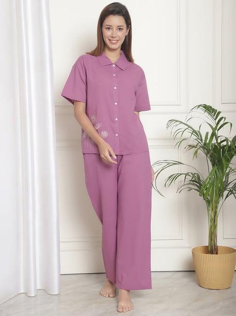 kanvin purple cotton embroidered shirt pyjamas set