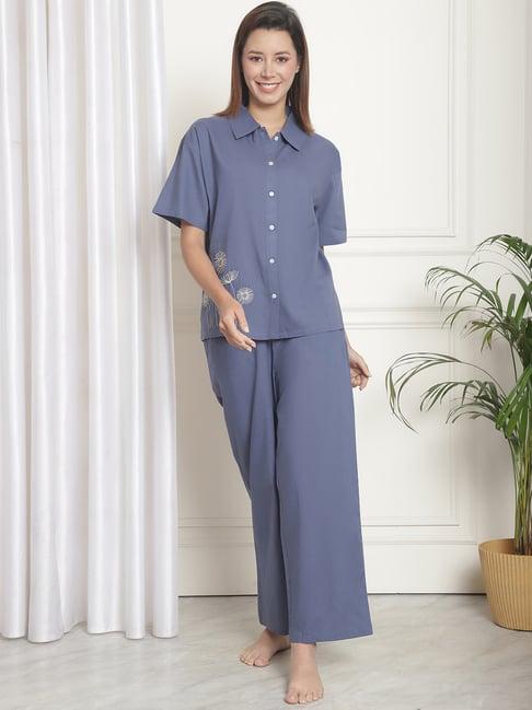 kanvin blue cotton embroidered shirt pyjamas set