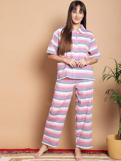 kanvin pink cotton printed shirt pyjamas set