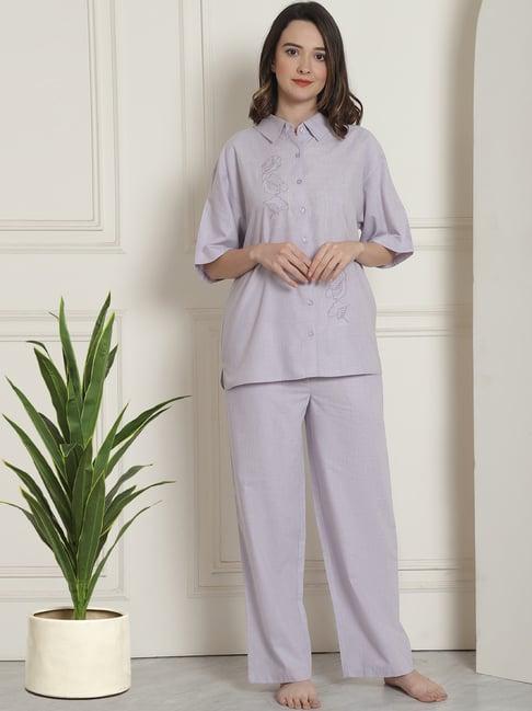 kanvin grey cotton embroidered shirt pyjamas set