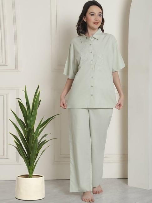 kanvin green cotton embroidered shirt pyjamas set