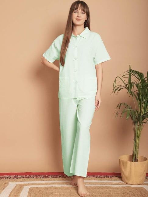 kanvin green cotton self pattern shirt pyjamas set