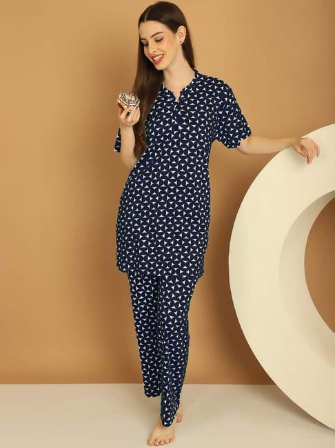 kanvin navy printed tunic pyjamas set