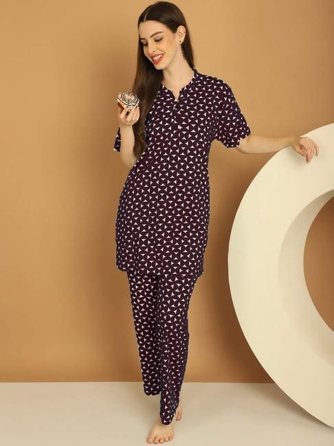 kanvin purple printed tunic pyjamas set