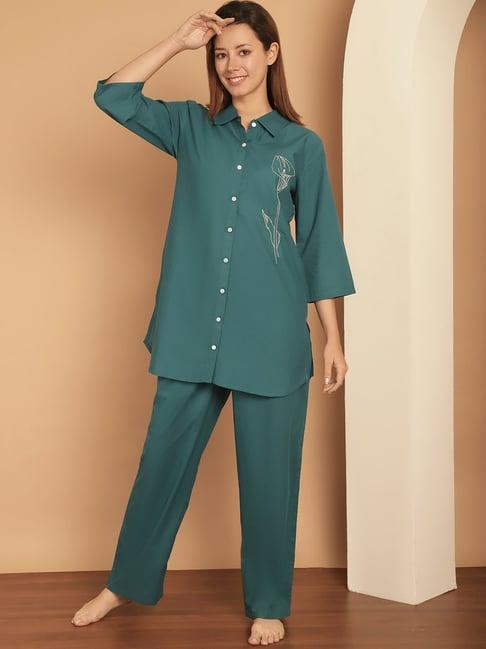 kanvin blue cotton embroidered shirt pyjamas set