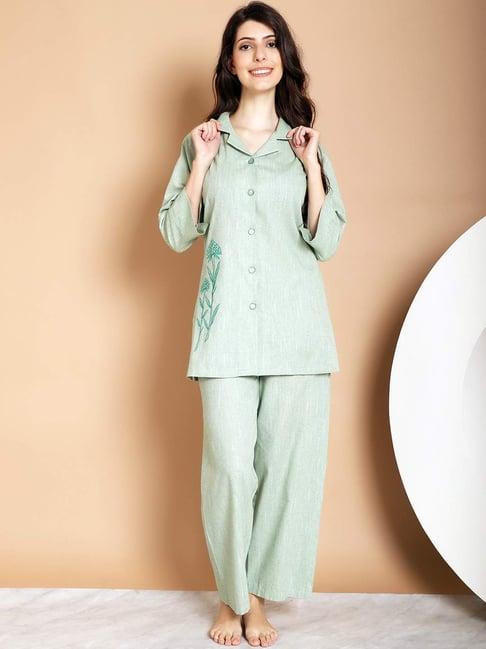 kanvin green cotton embroidered shirt pyjamas set