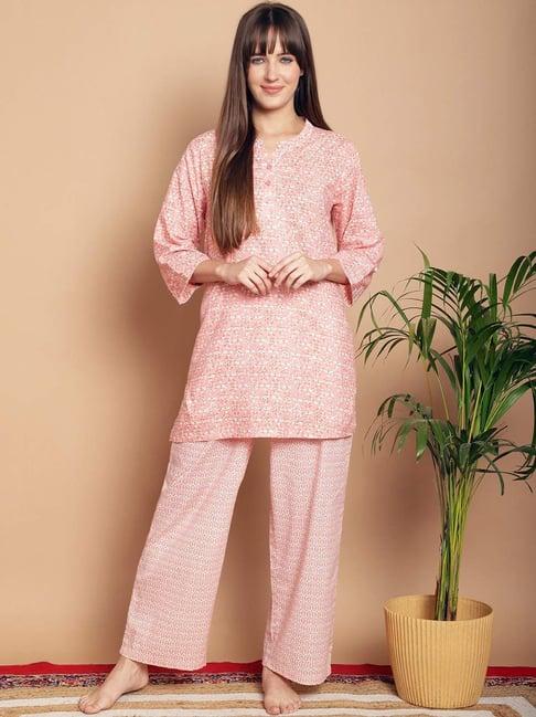 kanvin peach cotton printed tunic pyjamas set