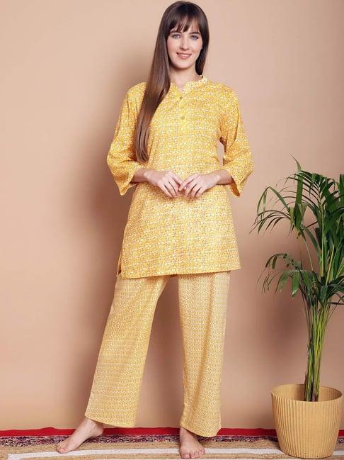 kanvin yellow cotton printed tunic pyjamas set