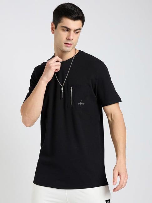 edrio black regular fit textured crew t-shirt