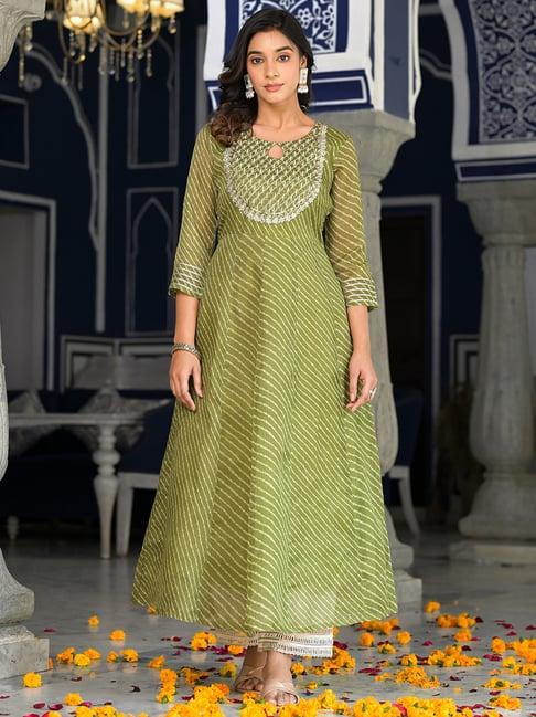 varanga green cotton embroidered flared kurta