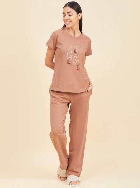 sweet dreams brown printed t-shirt pyjamas set