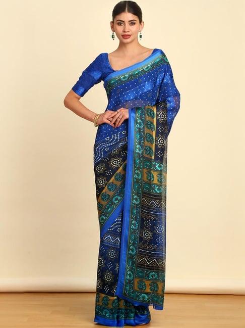 soch indigo blue printed saree with unstitched blouse