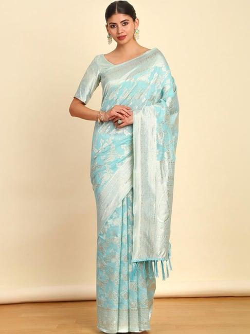 soch turquoise woven saree with unstitched blouse