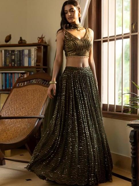 basanti kapde aur koffee moss green sequinned lehenga with blouse and dupatta